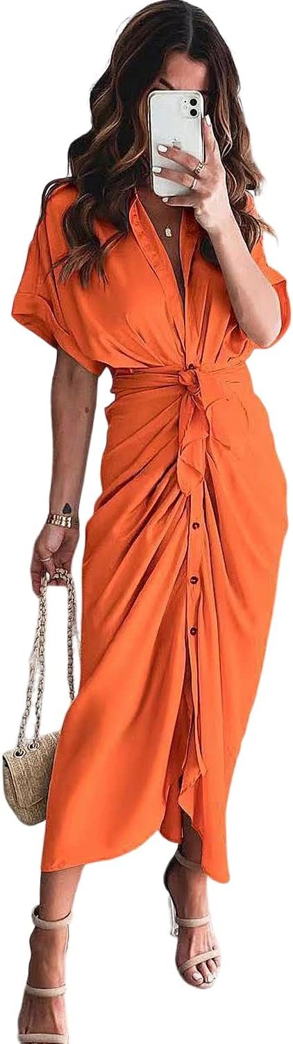 61zVXawOOzL._AC_SL1500 Women's Short Sleeve Satin Dress Button Down with Belt Maxi Shirt Dresses