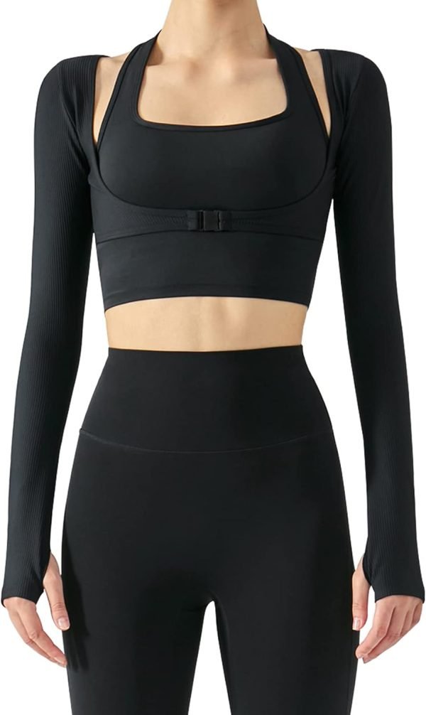 Women's Stretch Cutout Yoga Sports Jacket Long Sleeve Crop Top T Shirts with Thumb Holes