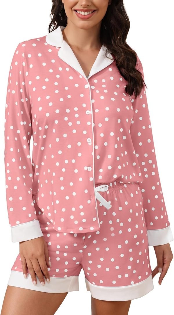 71-HjuTAt6L._AC_SL1500 Button Down Pajamas Sets Women Two-Piece Satin Silk Pjs Sets Loungewear Long Sleeve Sleepwear Shorts Nightwear Sets