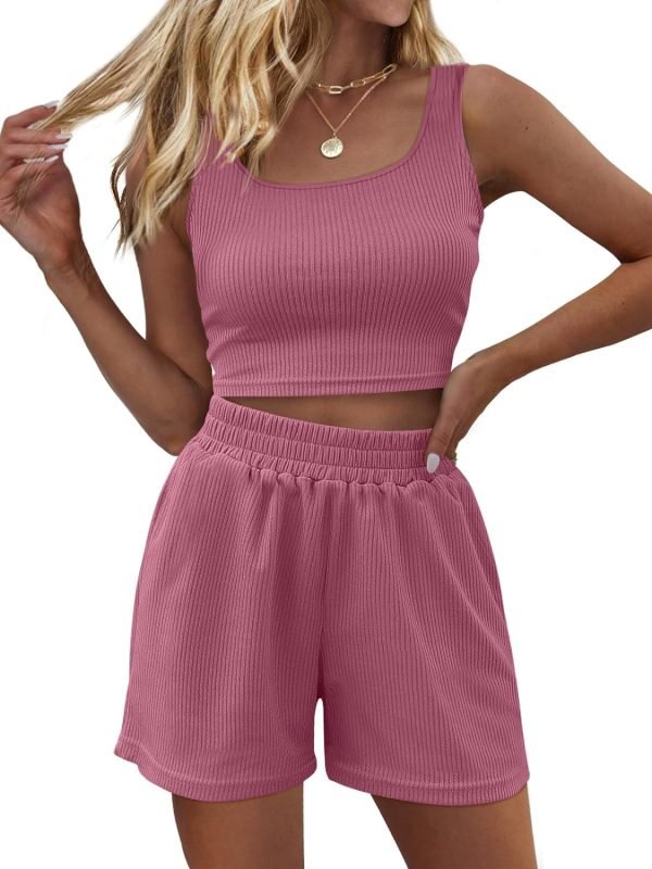 Trendy Queen Two Piece Summer Outfits Women Shorts Sets 2 Piece Sleeveless Matching Lounge Crop Top and High Waisted Shorts