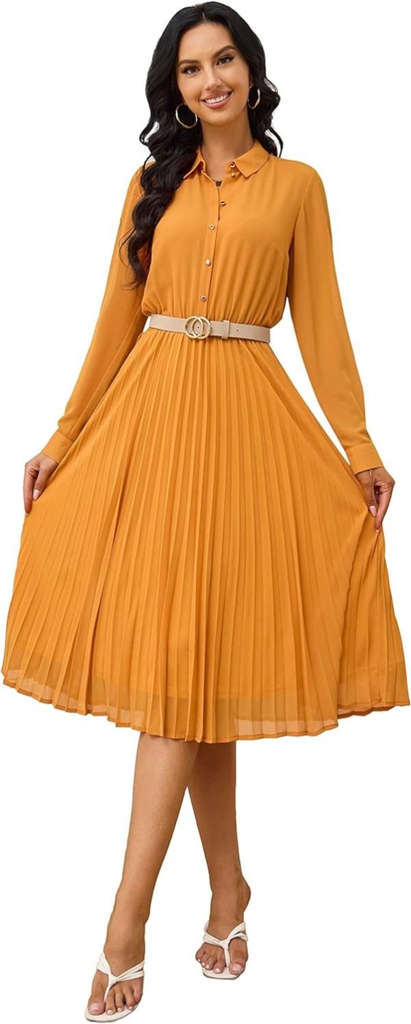 Business Casual Shirt Dress for Women Long Sleeves Pleated Midi Dresses with Belt