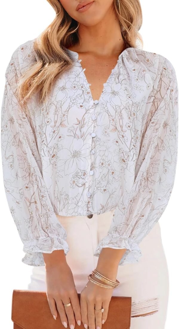 Womens Casual Boho Floral Print V Neck Long Sleeve Blouses Button Down Shirts Dressy Chiffon Loose Ruffle Tops