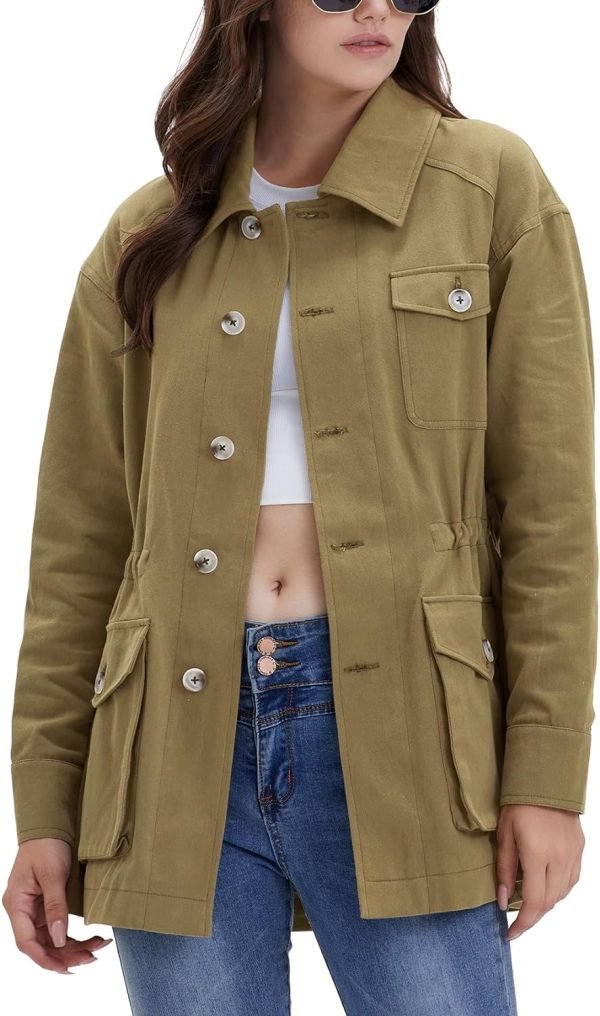 Women's Military Jacket Lightweight Button Up Utility Drawstring Waist Anorak Coat with Pockets