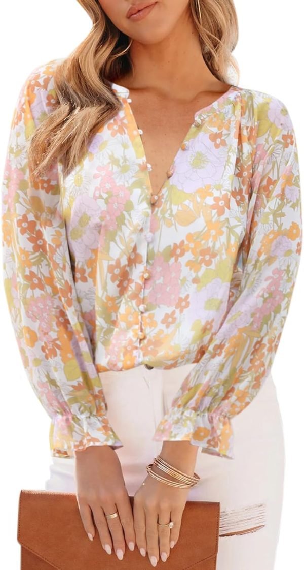 Womens Casual Boho Floral Print V Neck Long Sleeve Blouses Button Down Shirts Dressy Chiffon Loose Ruffle Tops
