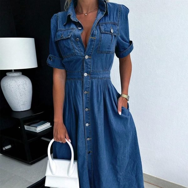 Women Denim Shirt Dress V Neck Short Sleeve Long Bottom Down A-Line Jeans Dresses with Pockets