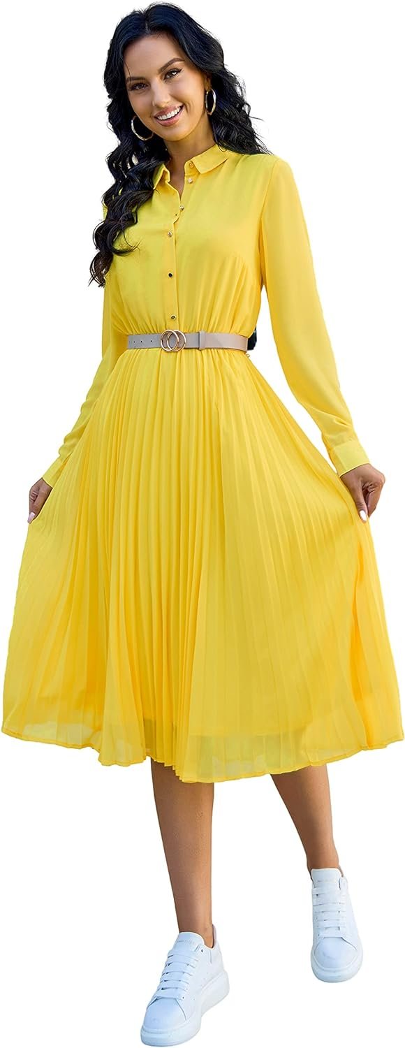 Business Casual Shirt Dress for Women Long Sleeves Pleated Midi Dresses with Belt