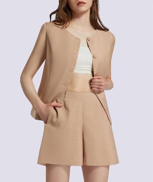 Women's Summer 2 Piece Outfits Sleeveless Round Neck Button Down High Waisted Pants 2024 Business Work Sets