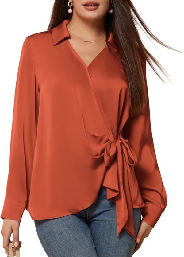 716H25cUApL._AC_SL1500 Women's Satin Silk Blouses Wrap V Neck Shirts Long Sleeve Elegant Tie Waist Office Formal Work Tunic Pullover Tops