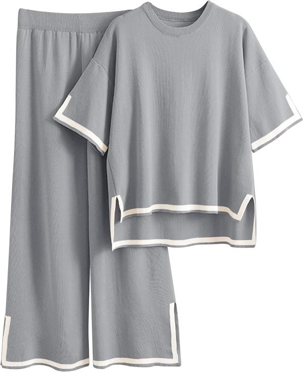 Womens Knit 2 Piece Sweater Sets Short Sleeve Pullover Tops Elastic Waist Wide Leg Pants Lounge Set