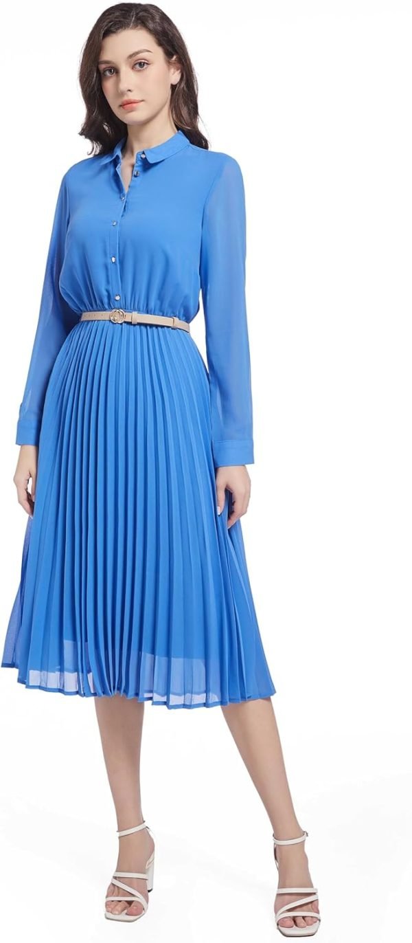 Business Casual Shirt Dress for Women Long Sleeves Pleated Midi Dresses with Belt