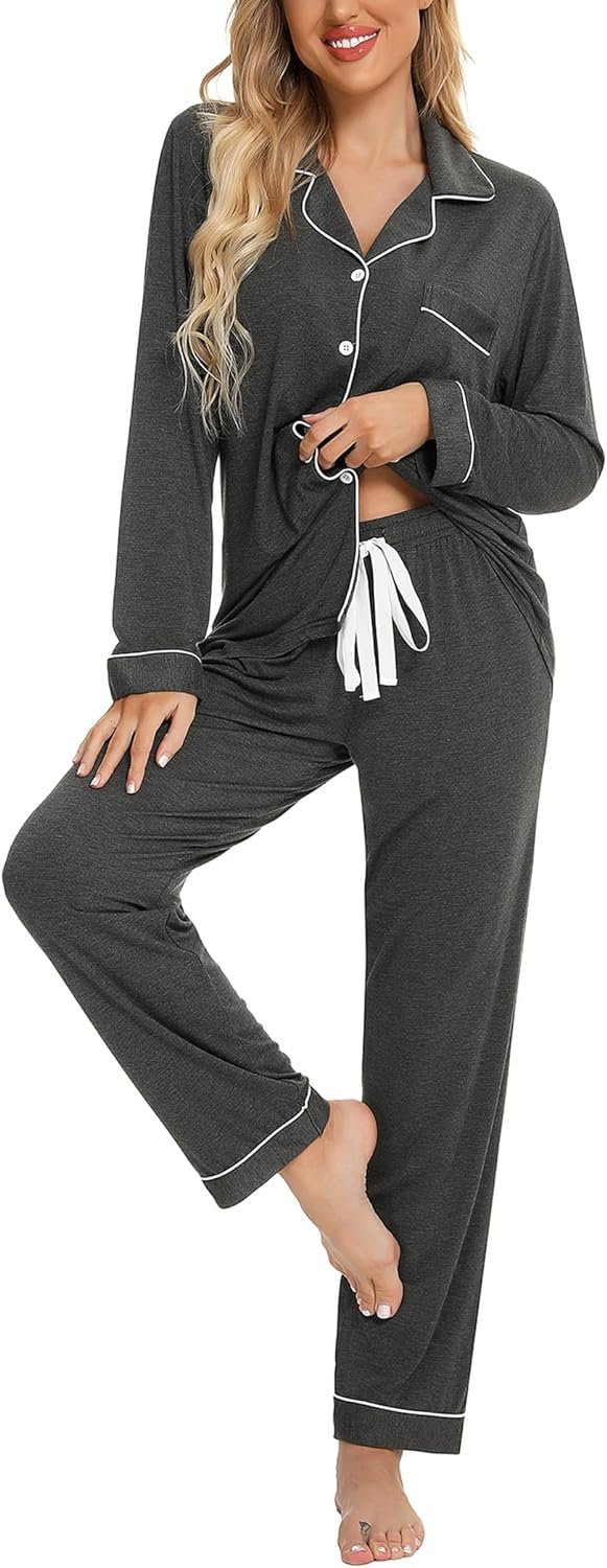 Pajamas Set Long Sleeve Womens Button Down Sleepwear Two Piece Nightwear Soft Pj Lounge Sets S-XXL