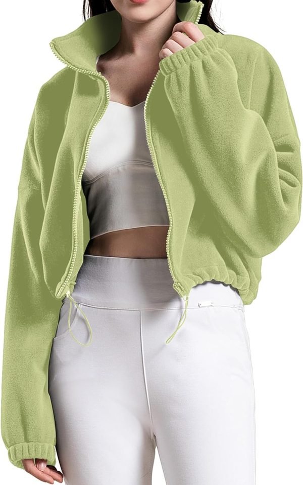 Women's Full Zip Fleece Short Jacket Oversized Athletic Running Long Sleeve Stand Collar Crop Warm Sherpa Coat