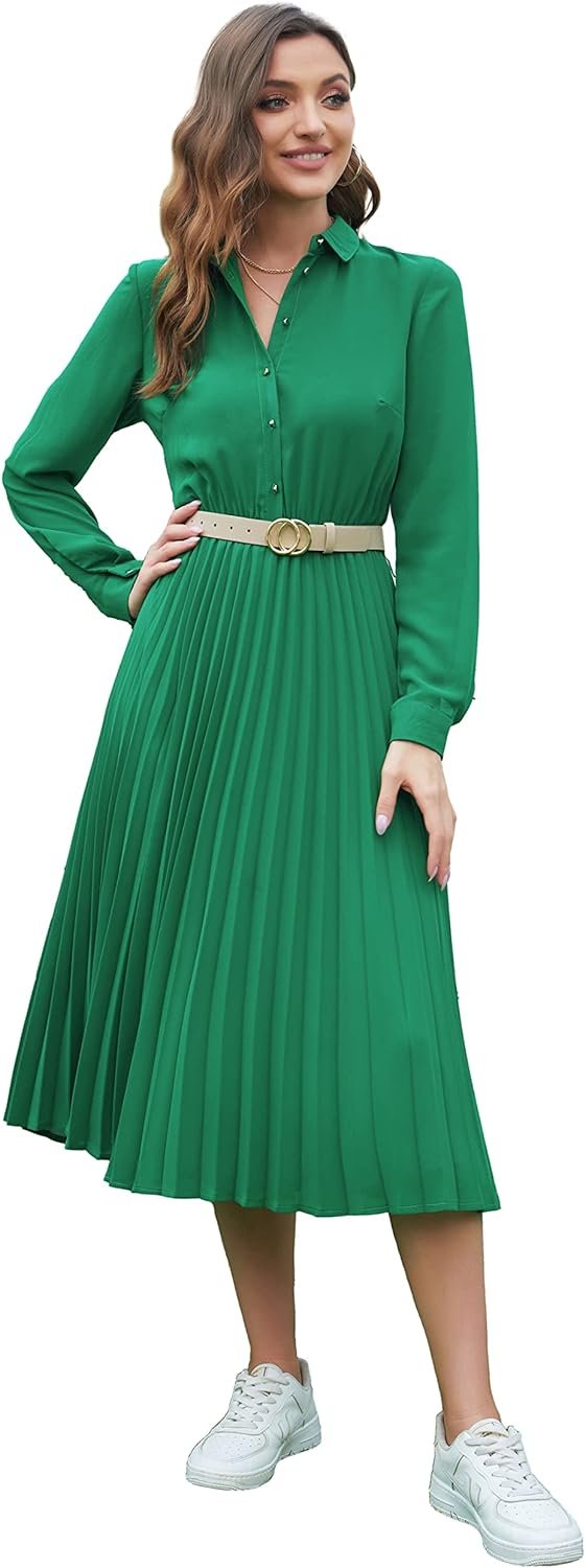 Business Casual Shirt Dress for Women Long Sleeves Pleated Midi Dresses with Belt