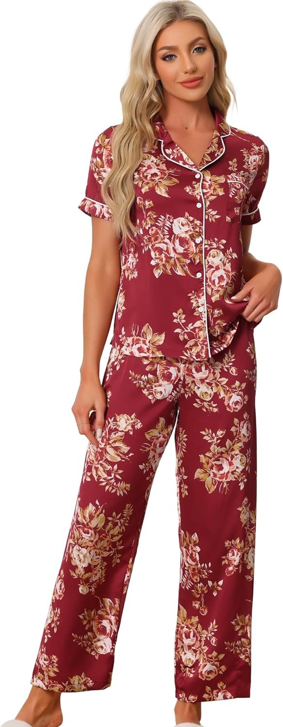 Womens Satin Floral Sleepwear Short Sleeves Button Down Tops with Pants Lounge Pajamas Sets