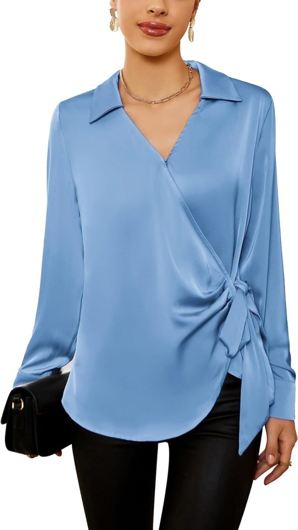 71DJec8ggpL._AC_SL1500 Women's Satin Silk Blouses Wrap V Neck Shirts Long Sleeve Elegant Tie Waist Office Formal Work Tunic Pullover Tops