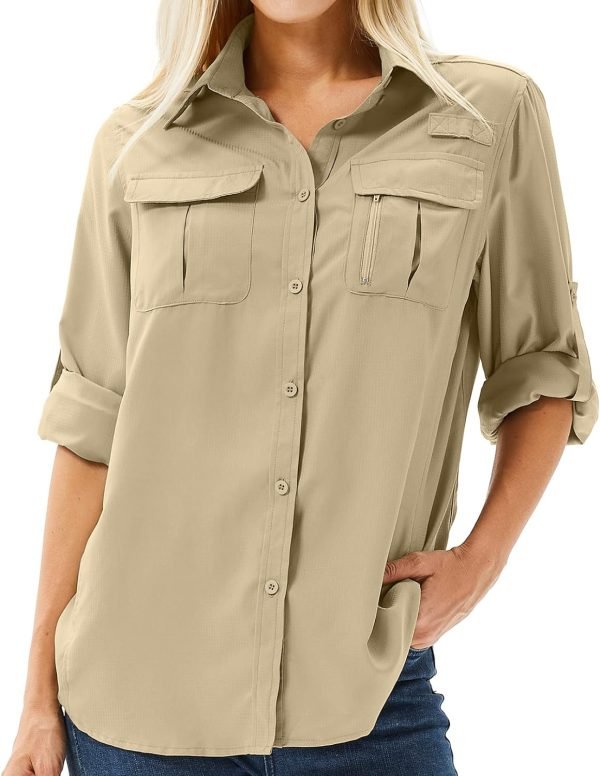 Women's UPF 50+ Long Sleeve UV Sun Protection Safari Shirt, Quick Dry SPF Hiking Fishing Breathable Shirts