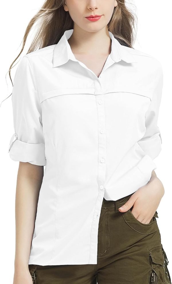 71EwPTy8sfL._AC_SL1500 Womens Sun Protection Safari Shirt Quick Dry SPF 50 UV Lightweight Fishing Travel Hiking Outdoor Shirts with Zipper Pockets
