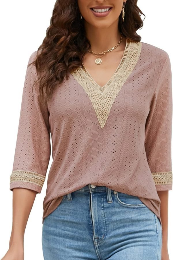 Women's Casual 3/4 Sleeve Shirts Lace V Neck Color Block Dressy Tops Trendy Hollow Floral Blouses T Shirts S-XXL