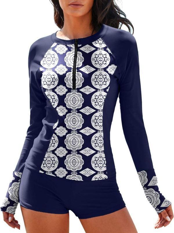 71HPYQVOlkL._AC_SL1500 Women Two Piece Rash Guard Long Sleeve Half-Zipper UPF 50 Athletic Surfing Swimsuit