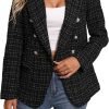 Womens Casual Blazer 2024 Spring Open Front Business Work Tweed Plaid Jacket Suit Pocket (S-XXL)