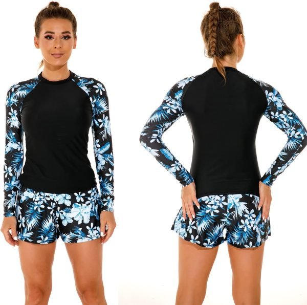 Women's Long Sleeves Rash Guard Athletic Swim Aztec Tankini Sets Swimsuit