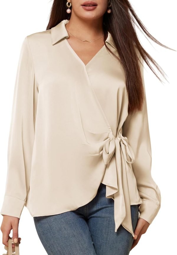 71KNqg9rCJL._AC_SL1500 Women's Satin Silk Blouses Wrap V Neck Shirts Long Sleeve Elegant Tie Waist Office Formal Work Tunic Pullover Tops