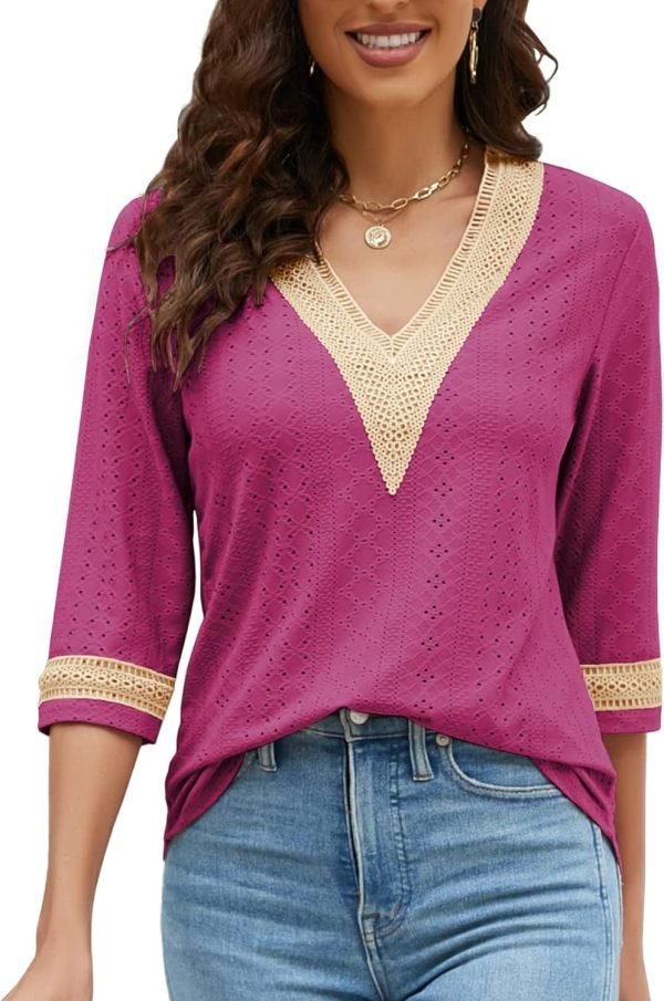 Women's Casual 3/4 Sleeve Shirts Lace V Neck Color Block Dressy Tops Trendy Hollow Floral Blouses T Shirts S-XXL