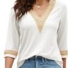 Women's Casual 3/4 Sleeve Shirts Lace V Neck Color Block Dressy Tops Trendy Hollow Floral Blouses T Shirts S-XXL