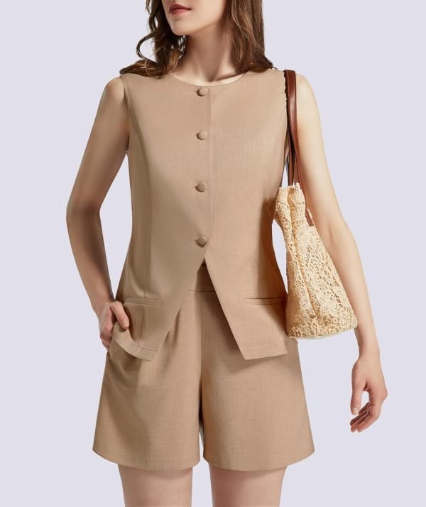 Women's Summer 2 Piece Outfits Sleeveless Round Neck Button Down High Waisted Pants 2024 Business Work Sets
