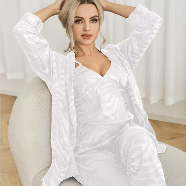 71P1fDV3FPL._AC_SL1500 Womens Silk Satin Pajama Sets,Zebra Strips Comfy Robe and Pants Women Pajamas,Silky Camisole Woman Pjs Set 3 Pieces