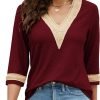 Women's Casual 3/4 Sleeve Shirts Lace V Neck Color Block Dressy Tops Trendy Hollow Floral Blouses T Shirts S-XXL