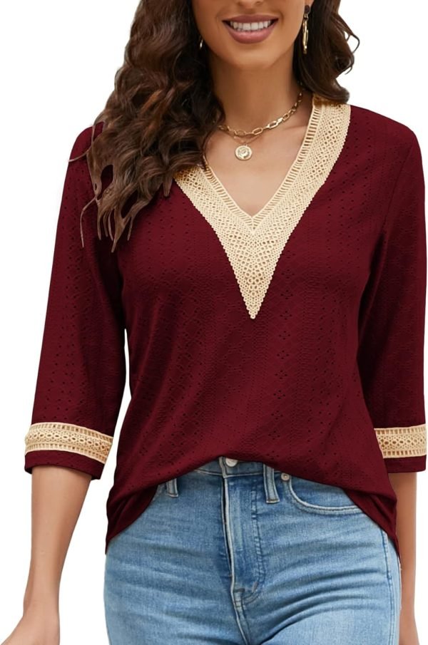 Women's Casual 3/4 Sleeve Shirts Lace V Neck Color Block Dressy Tops Trendy Hollow Floral Blouses T Shirts S-XXL
