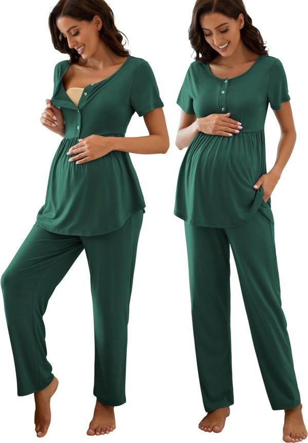 Women's Maternity Nursing Pajama Set Breastfeeding Loungewear Mama Clothes Short Sleeve Top & Pants Pregnancy PJS