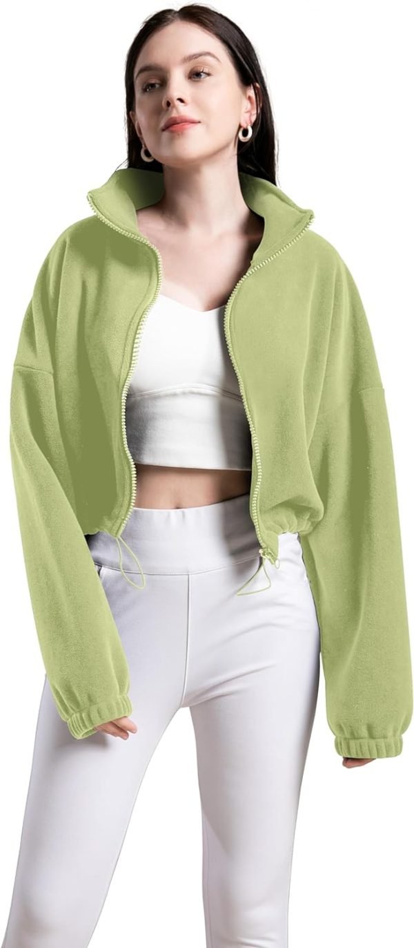 Women's Full Zip Fleece Short Jacket Oversized Athletic Running Long Sleeve Stand Collar Crop Warm Sherpa Coat