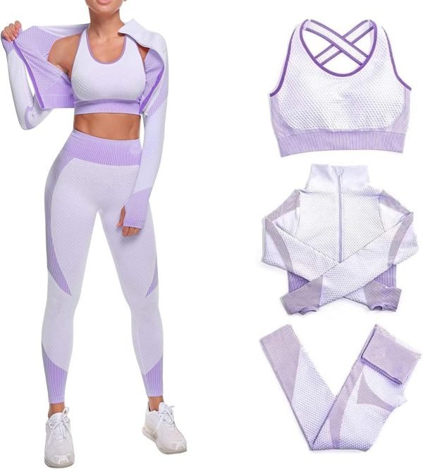 Women's 3 PC Seamless Gym Clothing Workout Outfit with Jacket Bra & Leggings Set