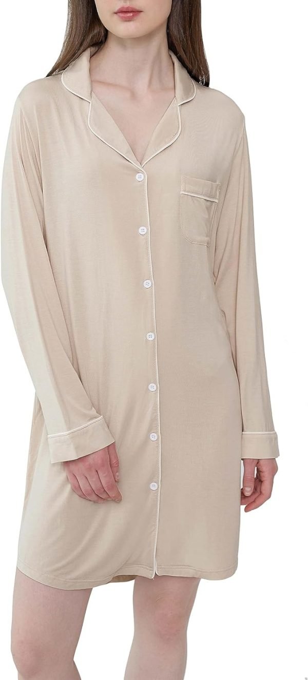 Womens Bamboo Viscose Sleep Shirt Long Sleeve Button Down Nightgowns Boyfriend Nightshirt S-XXL