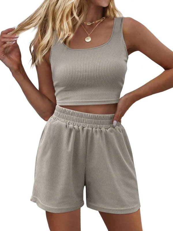 Trendy Queen Two Piece Summer Outfits Women Shorts Sets 2 Piece Sleeveless Matching Lounge Crop Top and High Waisted Shorts