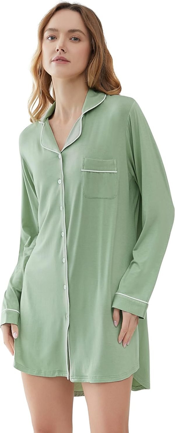 Womens Bamboo Viscose Sleep Shirt Long Sleeve Button Down Nightgowns Boyfriend Nightshirt S-XXL