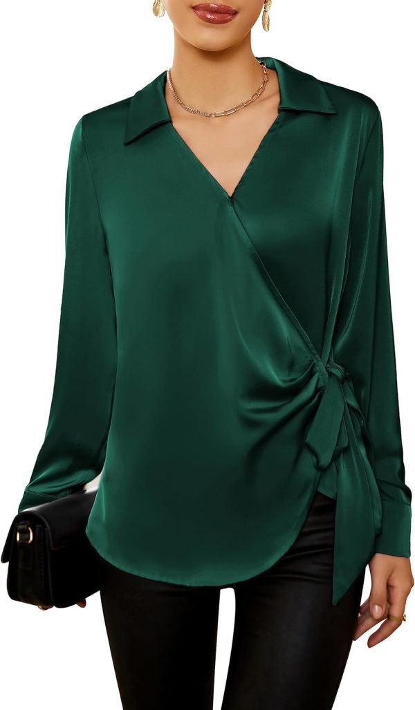 71Uz2H6K33L._AC_SL1500 Women's Satin Silk Blouses Wrap V Neck Shirts Long Sleeve Elegant Tie Waist Office Formal Work Tunic Pullover Tops