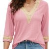Women's Casual 3/4 Sleeve Shirts Lace V Neck Color Block Dressy Tops Trendy Hollow Floral Blouses T Shirts S-XXL
