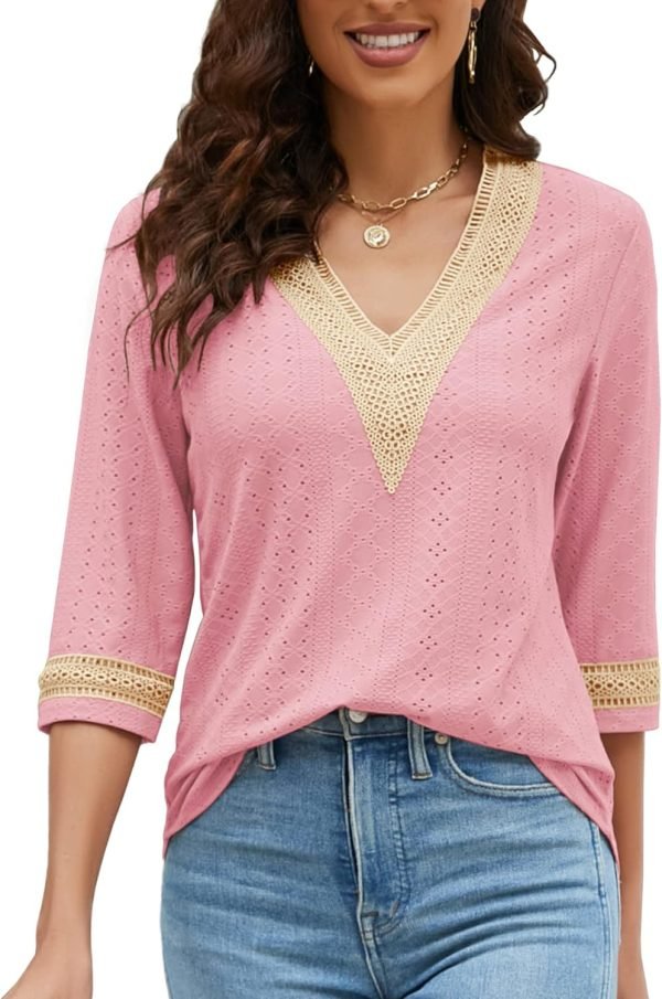 Women's Casual 3/4 Sleeve Shirts Lace V Neck Color Block Dressy Tops Trendy Hollow Floral Blouses T Shirts S-XXL