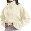 Women's Full Zip Fleece Short Jacket Oversized Athletic Running Long Sleeve Stand Collar Crop Warm Sherpa Coat
