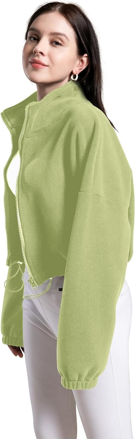 Women's Full Zip Fleece Short Jacket Oversized Athletic Running Long Sleeve Stand Collar Crop Warm Sherpa Coat