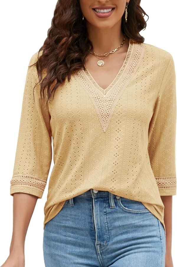 Women's Casual 3/4 Sleeve Shirts Lace V Neck Color Block Dressy Tops Trendy Hollow Floral Blouses T Shirts S-XXL