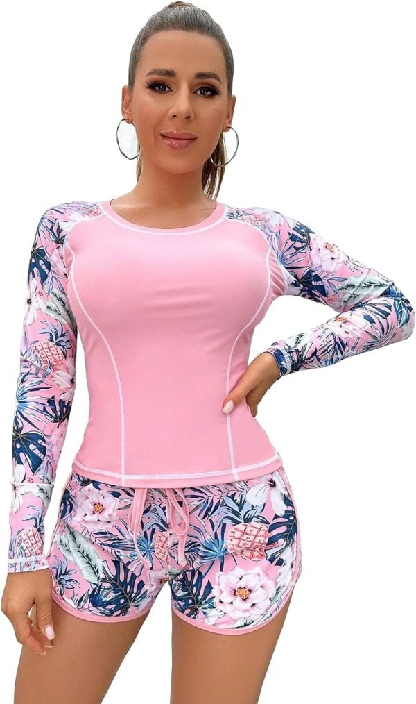 Women's Long Sleeves Rash Guard Athletic Swim Aztec Tankini Sets Swimsuit