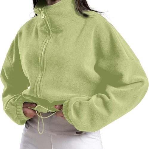Women's Full Zip Fleece Short Jacket Oversized Athletic Running Long Sleeve Stand Collar Crop Warm Sherpa Coat