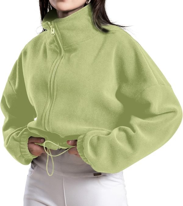 Women's Full Zip Fleece Short Jacket Oversized Athletic Running Long Sleeve Stand Collar Crop Warm Sherpa Coat
