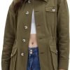 Women's Military Jacket Lightweight Button Up Utility Drawstring Waist Anorak Coat with Pockets