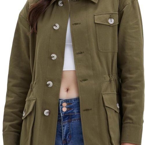 Women's Military Jacket Lightweight Button Up Utility Drawstring Waist Anorak Coat with Pockets