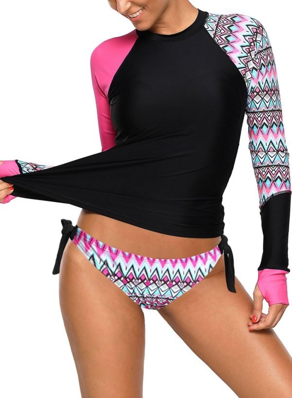 Women's Long Sleeves Rash Guard Athletic Swim Aztec Tankini Sets Swimsuit